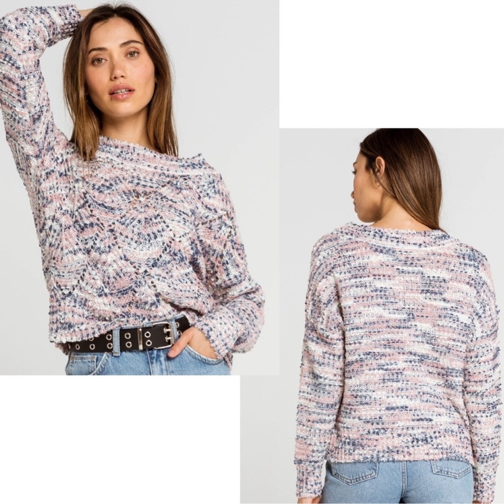 Long Sleeve Pink/Blue Scoop Neck Nubby Knit Sweater L
